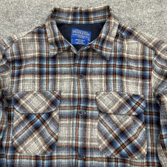 Pendleton Board Shirt Fitted Plaid Flannel Mens Small Gray Blue Virgin Wool - Picture 2 of 10